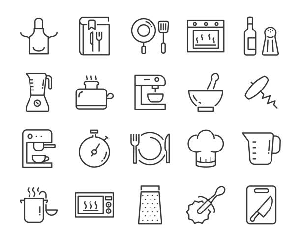 ilustrações de stock, clip art, desenhos animados e ícones de set of kitchen tools icons, such as knife, plate, oven, pan, fork, bowl, mixer - pan