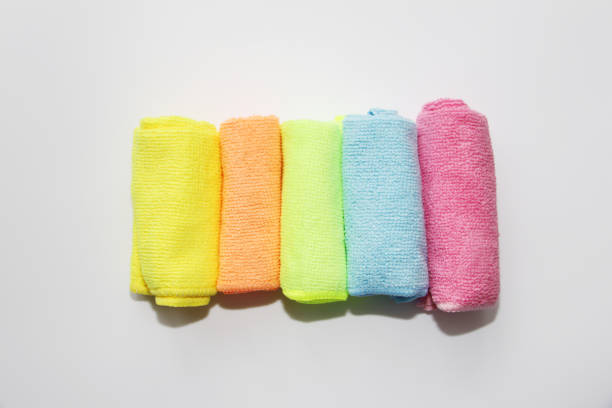 istock Set of multi-colored microfiber rags for cleaning. Five colored towels on a white background. 1132047887