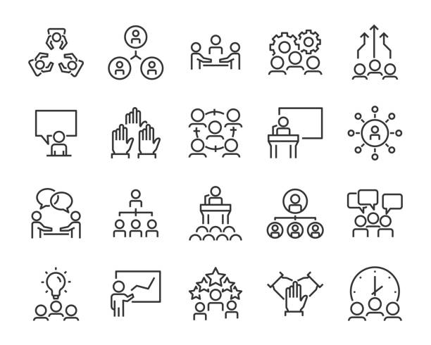 ilustrações, clipart, desenhos animados e ícones de jogo de executivos dos ícones, tais como a reunião, equipe, estrutura, uma comunicação, membro, grupo - gov