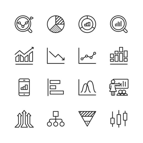 ikony linii wykresu i diagramu. edytowalny obrys. pixel perfect. dla urządzeń mobilnych i sieci web. zawiera takie ikony jak wykres kołowy, dane giełdowe, schemat organizacyjny, raport postępu, wykres słupkowy. - stock market graph chart arrow sign stock illustrations