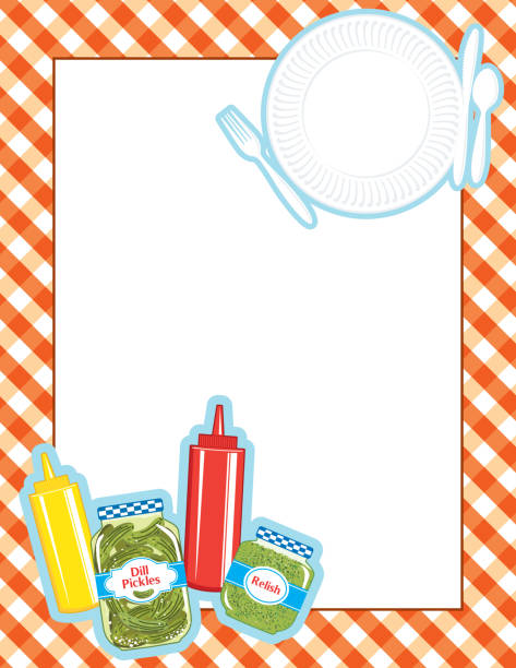 illustrazioni stock, clip art, cartoni animati e icone di tendenza di modello di invito barbecue picnic con condimenti e piatto - salsa relish cucumber party