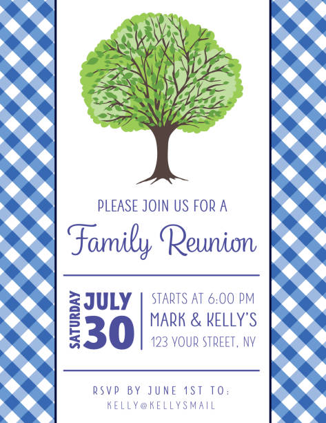 Picnic BBQ Invitation Template With Tree BBQ or picnic background with room for text family reunion stock illustrations
