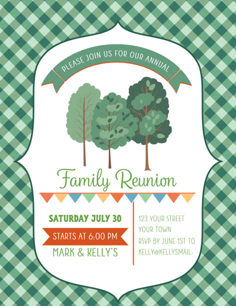 Picnic BBQ Invitation Template With Trees BBQ or picnic background with room for text family reunion stock illustrations