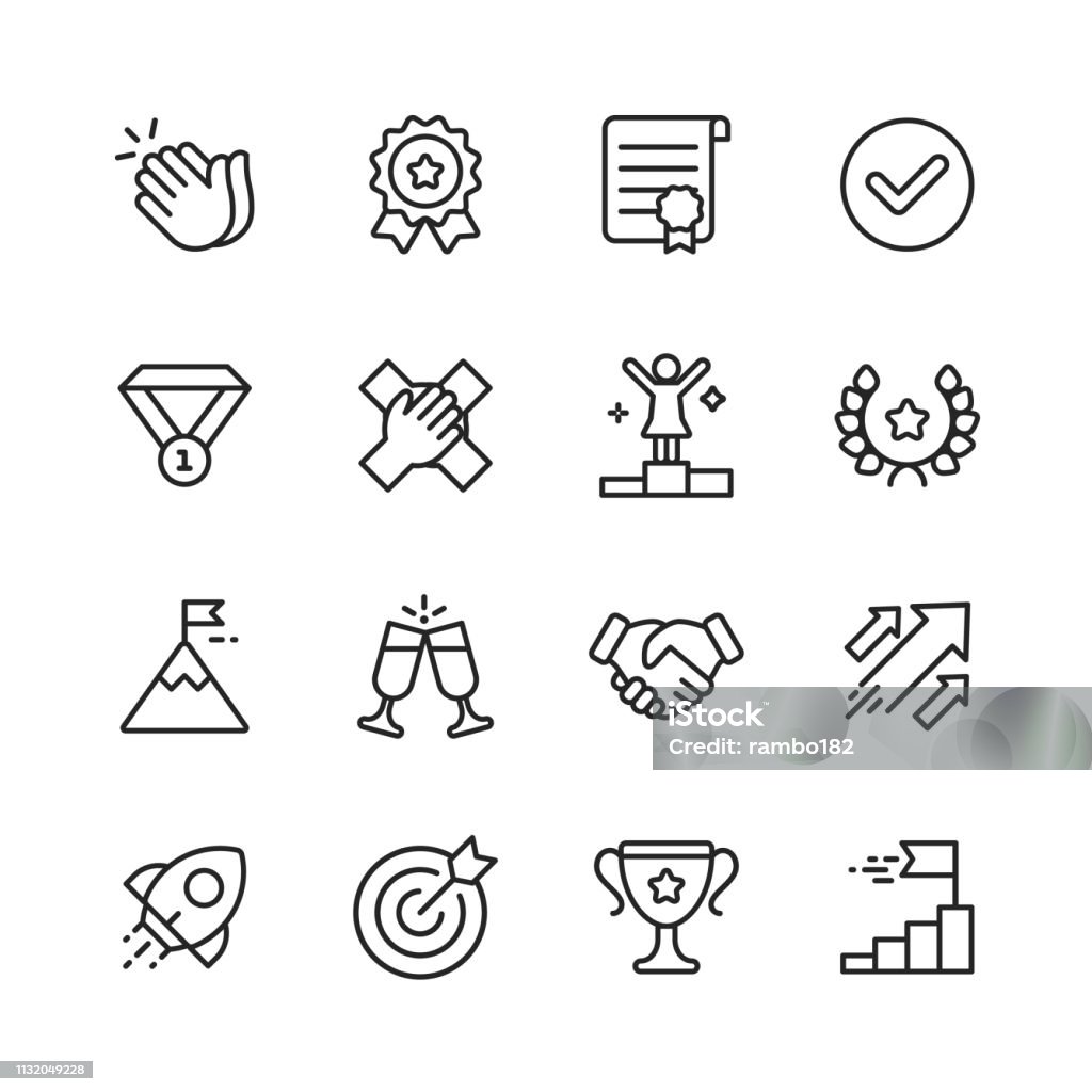 Success Line Icons. Editable Stroke. Pixel Perfect. For Mobile and Web. Contains such icons as Applause, Medal, Trophy, Champagne, StartUp, Handshake. 16 Outline Icons. Icon Symbol stock vector