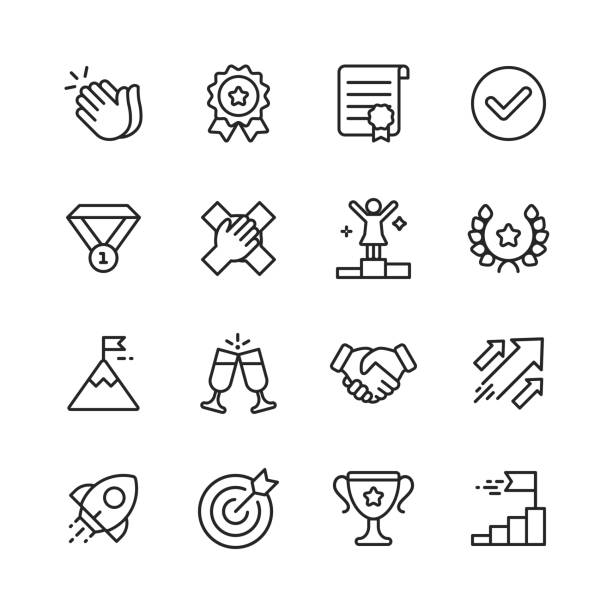 Success Line Icons. Editable Stroke. Pixel Perfect. For Mobile and Web. Contains such icons as Applause, Medal, Trophy, Champagne, StartUp, Handshake. 16 Outline Icons. goals stock illustrations