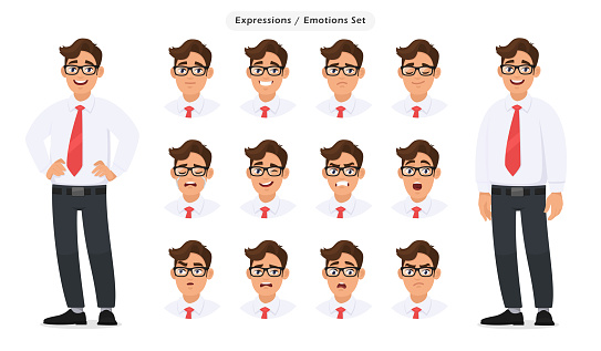 Set of male's different facial expressions. Man emoji character with various face reaction/emotion, wearing formal dress, tie and eyeglasses. Human emotions concept illustration in vector cartoon.