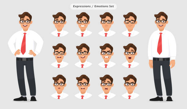 Set of male different facial expressions. Man emoji character with various face reaction/emotion, wearing formal dress, tie and eyeglasses. Human emotion concept illustration in gray/grey background. Set of male different facial expressions. Man emoji character with various face reaction/emotion, wearing formal dress, tie and eyeglasses. Human emotion concept illustration in gray/grey background. 'formal dress' stock illustrations