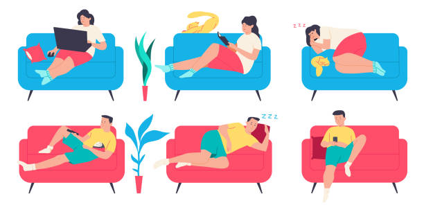People on the couch. Man, woman and cat character in different poses on the sofa. Vector cartoon flat set isolated on a white background. People on the couch vector cartoon flat set. lazy stock illustrations