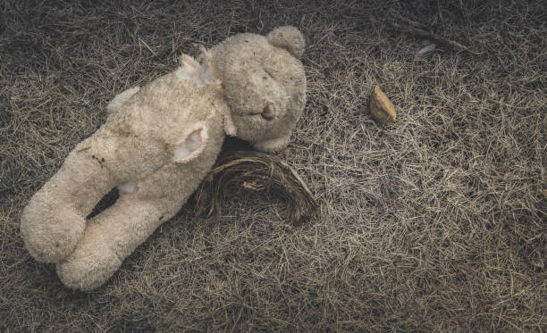 istock Old dirty bear doll abandoned on the grass., Lonely and sad concept. with copy space for text. 1132050748