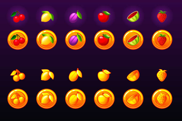 Fruits slots icon set. 2d game golden coin icon. Game casino, slot, UI. Fruits slots icon set. 2d game golden coin icon. Game casino, slot, UI. Icons on separate layers. roulette icon stock illustrations