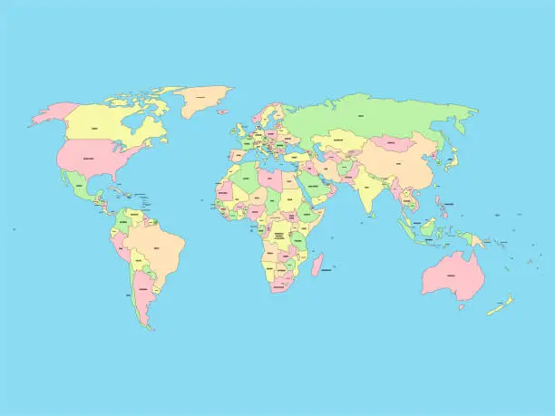 Vector illustration of World map with names of sovereign countries and larger dependent territories. Simplified vector map in four colors on blue background
