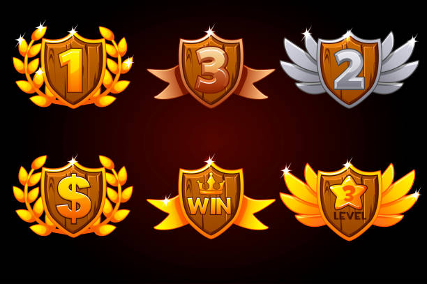 schildset, vektorpreise oder icons. objekte auf einer separaten ebene. für spiel, benutzeroberfläche, banner, anwendung, schnittstelle, slots, spieleentwicklung. - bronze silver gold perks stock-grafiken, -clipart, -cartoons und -symbole