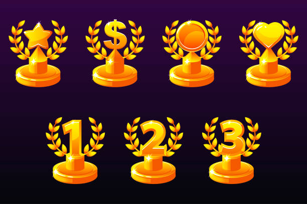 istock Trophies different variation. 1st, 2nd, 3rd place. Laurel wreath of victory, star, heart and dollar for game, ui, banner, app, interface, slots, game development. 1132051620