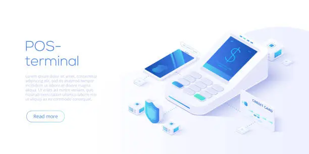Vector illustration of Internet banking concept in isometric vector illustration. Digital payment or online money transfer service. POS terminal for contactless smartphone pay. Website banner or webpage layout template.