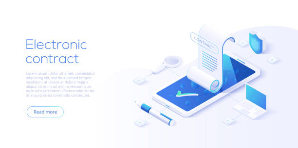 Electronic contract or digital signature concept in isometric ve Electronic contract or digital signature concept in isometric vector illustration. Online e-contract document sign via smartphone or laptop. Website or webpage layout template. writing email stock illustrations