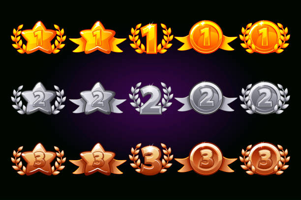 ilustrações de stock, clip art, desenhos animados e ícones de golden, silver and bronze rewards icons set. 1st, 2nd, 3rd place different variation. laurel wreath of victory and gold star or game, ui, banner, app, interface, slots, game development - congratulating achievement third place award