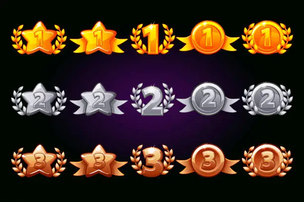 Vector illustration of Golden, silver and bronze rewards icons set. 1st, 2nd, 3rd place different variation. Laurel wreath of victory and gold star or game, ui, banner, app, interface, slots, game development
