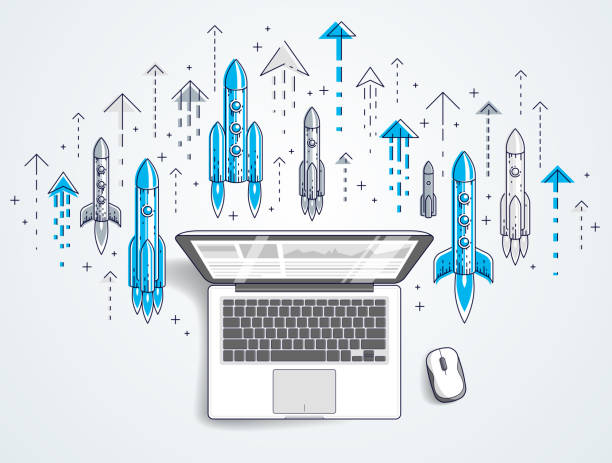 istock Startup rockets take off over laptop, space rockets flying start up internet business concept, online finance, marketplace or shop, vector illustration. 1132052945