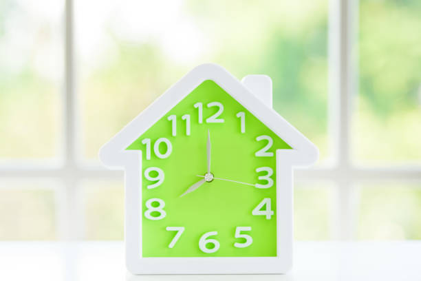 The clock model with 8 a.m. and window background in the morning.