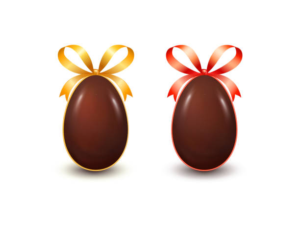 istock Set of realistic chocolate Easter eggs with bow knot and ribbons isolated on white background. Vector illustration 1132053719