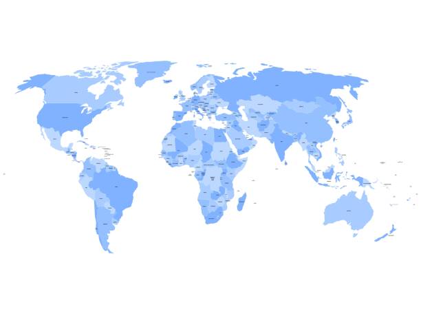 ilustrações de stock, clip art, desenhos animados e ícones de world map with names of sovereign countries and larger dependent territories - hue