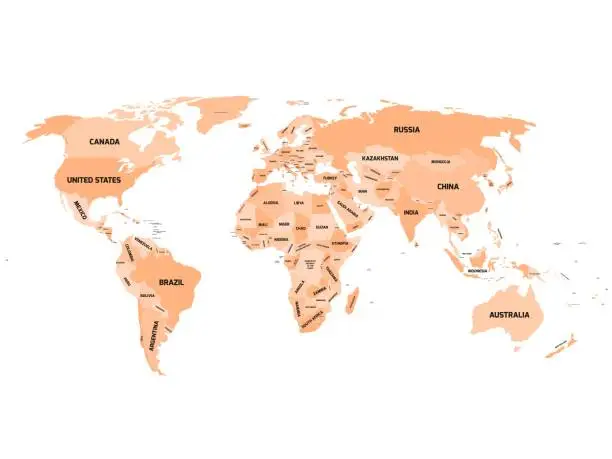 Vector illustration of World map with names of sovereign countries and larger dependent territories