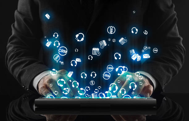 istock Business man working in office and icons appearing 1132054363