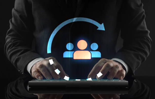 istock Business man working in office and icons appearing 1132054381