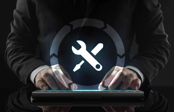 istock Business man working in office and icons appearing 1132054407