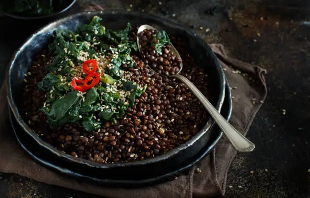 Photo of Black beluga lentils and spinach stew