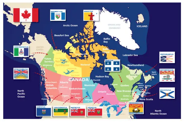 Vector illustration of CANADA MAP AND FLAGS