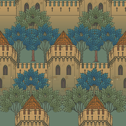 Medieval city architecture. Seamless pattern in a style of a medieval tapestry or illuminated manuscript. EPS10 vector illustration