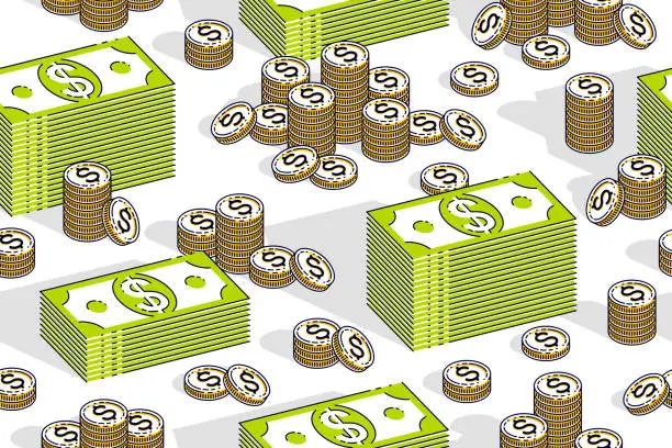 Vector illustration of Money cash seamless background, backdrop for financial business website or economical theme ads and information, dollar currency money signs, vector wallpaper or web site background.