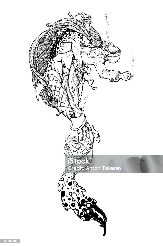 Triton saving a drowning fisherman. Black and white Triton saving a drowning fisherman. Gender reversed story about a little mermaid. Concept illustration. Black and white drawing isolated on white background. EPS10 vector illustration Mermaid stock vector