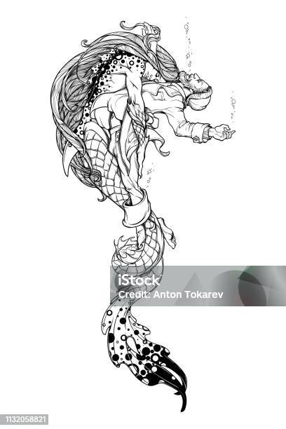Triton Saving A Drowning Fisherman Black And White Stock Illustration - Download Image Now