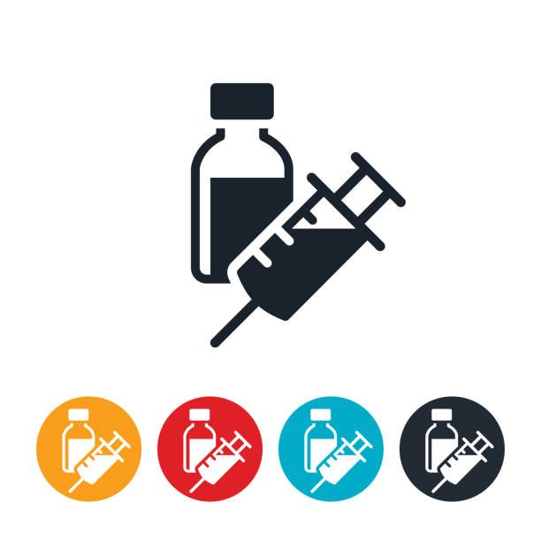 Syringe And Medicine Vial Icon An icon of a syringe filled with medicine next to a medicine vial. medical injection stock illustrations