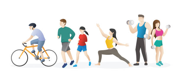 ilustrações de stock, clip art, desenhos animados e ícones de healthy activities from people on white background - health club gym young men dumbbell