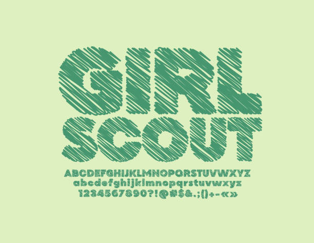 illustrazioni stock, clip art, cartoni animati e icone di tendenza di emblema vettoriale disegnato girl scout con lettere, numeri e simboli dell'alfabeto gesso verde - alphabetical order alphabet abc chalk