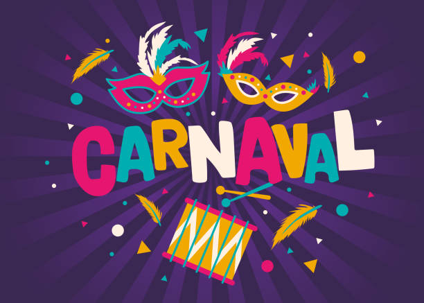 karnaval kartı veya banner tipografi tasarımı, konfeti ve asılı bayrak çelenk ile - carnaval stock illustrations
