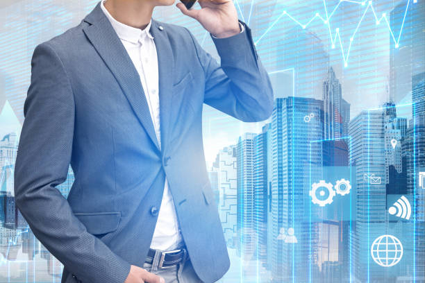 istock Man talking on phone in city, graph 1132066256