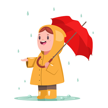 Baby girl in a yellow raincoat and rubber boots is standing with an umbrella in a puddle. Cute child character vector cartoon illustration isolated on white background.
