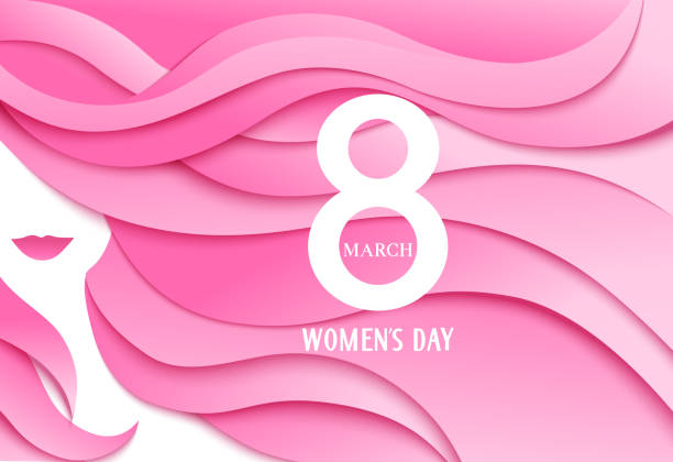 Happy Womens Day. 8 march design template with woman face and greeting text. Girl with long pink hair. Vector illustration Female background with decorative waves paper silhouettes stock illustrations