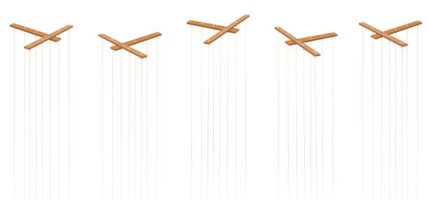 Wooden marionette control bars. Five items with strings and no puppets. Symbol for manipulation, control, authority, domination - or just as a toy for a puppeteer. Isolated vector on white. Wooden marionette control bars. Five items with strings and no puppets. Symbol for manipulation, control, authority, domination - or just as a toy for a puppeteer. Isolated vector on white. puppet master stock illustrations