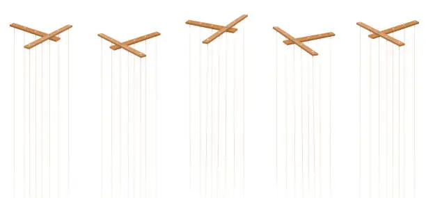 Vector illustration of Wooden marionette control bars. Five items with strings and no puppets. Symbol for manipulation, control, authority, domination - or just as a toy for a puppeteer. Isolated vector on white.