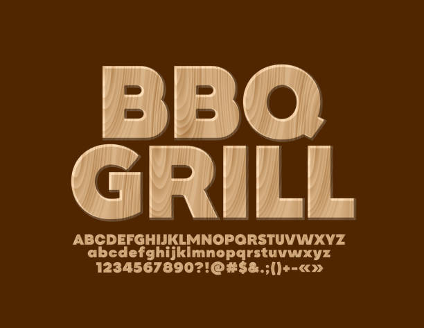 illustrazioni stock, clip art, cartoni animati e icone di tendenza di banner eco vettoriale barbecue grill con alfabeto di legno - bosco