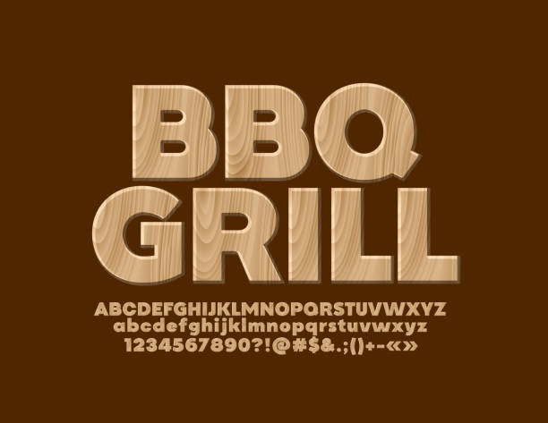 Vector eco banner BBQ Grill with Wooden Alphabet Tree textured Letters, Numbers and Symbols Woods stock illustrations