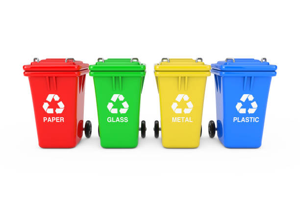 istock Red, Green, Yellow and Blue Recycle Bins with Recycle Symbol. 3d Rendering 1132075873