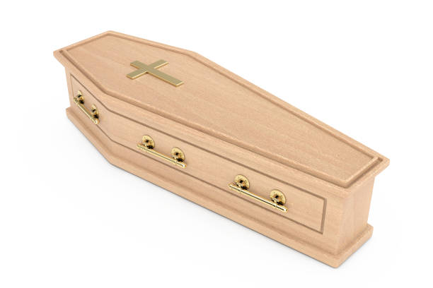 istock Wooden Coffin With Golden Cross and Handles. 3d Rendering 1132075902