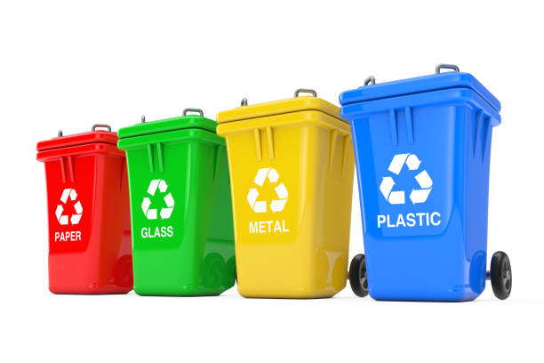 istock Red, Green, Yellow and Blue Recycle Bins with Recycle Symbol. 3d Rendering 1132075985