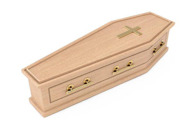 istock Wooden Coffin With Golden Cross and Handles. 3d Rendering 1132076011